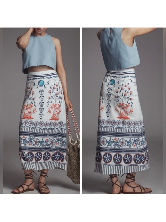 FARM Rio Dresses & Skirts - Farm Rio Anthropologie Printed Linen Blend Midi Skirt Coastal